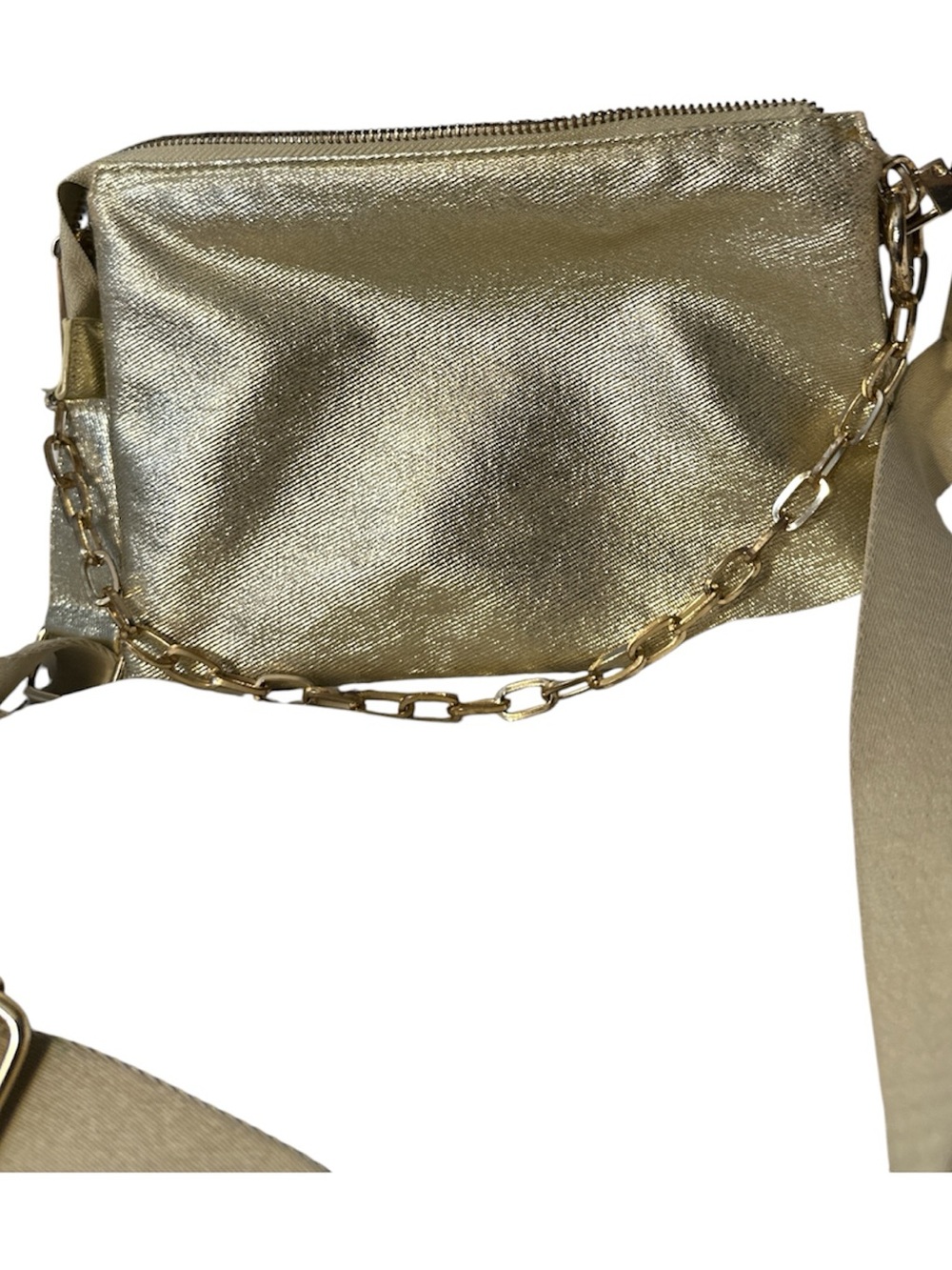 Beginning Boutique Metallic Gold Crossbody with Chain Accent rem adj strap 3 poc